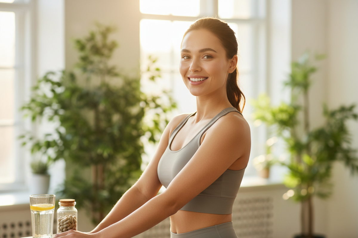 A vibrant, healthy young woman in her 20s–30s, glowing skin, radiant smile, looking confident and energized. She’s surrounded by soft, warm light with subtle golden highlights emphasizing her natural beauty. Her skin looks smooth, hydrated, and luminous. She is in a wellness-inspired environment with soft-focus greenery or sunlight in the background. Subtle hints of healthy lifestyle elements like a glass of water, light exercise, or natural supplements nearby. Style: realistic, high-quality, bright, uplift