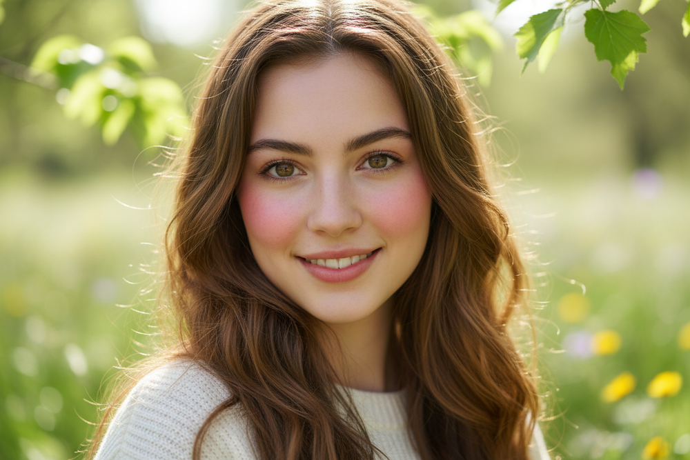 A young woman in her early 20s, with flawless, glowing skin, clear complexion, and a radiant natural look. She has soft, smooth skin with subtle highlights, healthy rosy cheeks, and no blemishes. Long, shiny hair frames her face naturally. She has bright, expressive eyes and a warm, gentle smile. Lighting is soft and flattering, emphasizing her healthy, vibrant appearance. Casual clothing, natural background, realistic style.