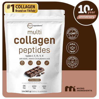 Micro Ingredients Multi Collagen Peptides Powder - Hydrolyzed Protein Peptides (Type I,II,III,V,X) with Hyaluronic Acid, Biotin & Vitamin C Unflavored